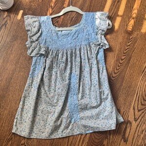 Blue Floral Smocked Ruffle Sleeve Tunic Top